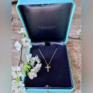 Tiffany & Co 18k Yellow Gold Mini Diamond Cross Pendant Necklace Boxed